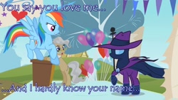 Size: 1280x720 | Tagged: safe, screencap, character:mare do well, character:rainbow dash, balloon, freddie mercury, image macro, lyrics, meme, queen (band), shipping, text edit, the games we play