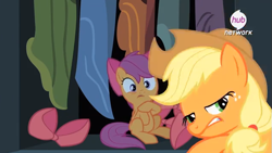 Size: 635x358 | Tagged: safe, screencap, character:applejack, character:scootaloo, species:pegasus, species:pony, episode:somepony to watch over me, g4, my little pony: friendship is magic, hub logo