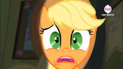 Size: 637x358 | Tagged: safe, screencap, character:applejack, episode:somepony to watch over me, g4, my little pony: friendship is magic, hub logo, shocked, solo