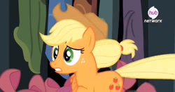 Size: 710x372 | Tagged: safe, screencap, character:applejack, episode:somepony to watch over me, g4, my little pony: friendship is magic, hub logo, running, solo
