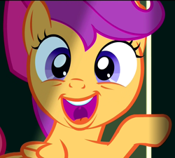 Size: 1200x1080 | Tagged: safe, screencap, character:scootaloo, species:pegasus, species:pony, episode:somepony to watch over me, g4, my little pony: friendship is magic, adoracreepy, animation error, apple bloom's bow, bow, creepy, cute, cutealoo, female, filly, hair bow, happy, open mouth, raised hoof, solo