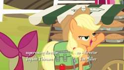 Size: 1920x1080 | Tagged: safe, screencap, character:apple bloom, character:applejack, species:earth pony, species:pony, episode:somepony to watch over me, g4, my little pony: friendship is magic, apple bloom's bow, bow, cart, clothing, cowboy hat, food, hair bow, hat, lidded eyes, open mouth, pie, saddle bag, stetson