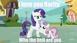 Size: 1054x592 | Tagged: safe, screencap, character:rarity, character:sweetie belle, duo, image macro, meme, sweetie fail