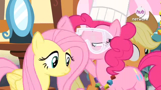Size: 640x360 | Tagged: safe, screencap, character:fluttershy, character:pinkie pie, species:pony, episode:maud pie, g4, my little pony: friendship is magic, animated, gif, hub logo, petting, safety goggles