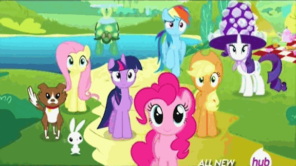 Size: 576x324 | Tagged: safe, screencap, character:angel bunny, character:applejack, character:fluttershy, character:maud pie, character:pinkie pie, character:rainbow dash, character:rarity, character:tank, character:twilight sparkle, character:twilight sparkle (alicorn), character:winona, species:alicorn, species:pony, episode:maud pie, g4, my little pony: friendship is magic, animated, female, hub logo, hubble, mane six, mare, the hub