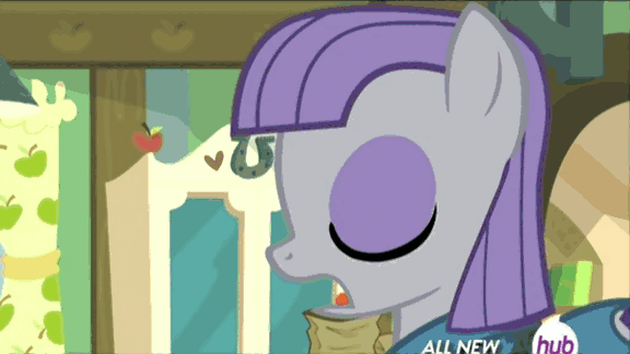 Size: 576x324 | Tagged: safe, screencap, character:maud pie, episode:maud pie, g4, my little pony: friendship is magic, animated, apple, food, hub logo, hubble, messy, rock, solo, the hub