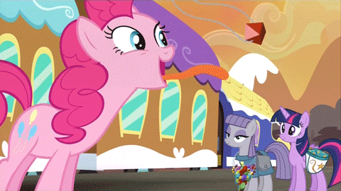 Size: 480x270 | Tagged: safe, screencap, character:maud pie, character:pinkie pie, character:twilight sparkle, character:twilight sparkle (alicorn), species:alicorn, species:pony, episode:maud pie, g4, my little pony: friendship is magic, animated, hub logo, licking, loop, prehensile tongue, rock candy, rock candy necklace