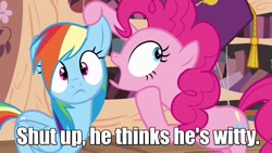 Size: 1280x720 | Tagged: safe, screencap, character:pinkie pie, character:rainbow dash, image macro, mel brooks, meme, quote, text edit, the producers, whisper