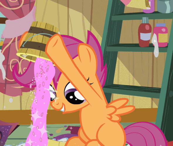 Size: 590x500 | Tagged: safe, screencap, character:scootaloo, species:pegasus, species:pony, episode:hearts and hooves day, g4, my little pony: friendship is magic, animated, bucket, clubhouse, cropped, crusaders clubhouse, glitter, loop, needs more glitter, solo