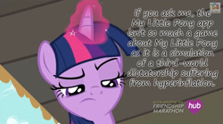 Size: 854x475 | Tagged: safe, gameloft, screencap, character:twilight sparkle, character:twilight sparkle (alicorn), species:alicorn, species:pony, app, dictator, dictatorship, economics, frown, glowing horn, hub logo, hyperinflation, insane pony thread, skeptical, solo, tropico