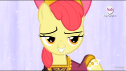 Size: 1920x1080 | Tagged: safe, screencap, character:apple bloom, species:earth pony, species:pony, episode:for whom the sweetie belle toils, clothing, female, filly, hub logo, lidded eyes, solo