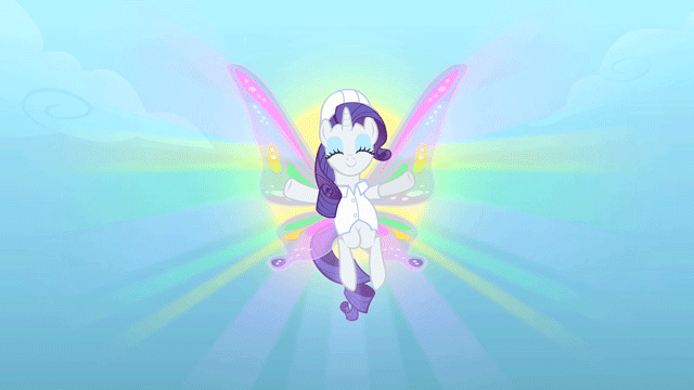 Size: 640x360 | Tagged: safe, screencap, character:rarity, episode:sonic rainboom, g4, my little pony: friendship is magic, animated, clothing, eyes closed, flapping, floating, glimmer wings, hard hat, hat, lab coat, loop, solo, wings