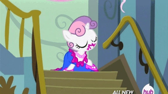Size: 576x324 | Tagged: safe, screencap, character:sweetie belle, episode:for whom the sweetie belle toils, 5-year-old sweetie belle, animated, clothing, cute, dress, high heels, hub logo, hubble, lipstick, shoes, solo, stairs, the hub, weapons-grade cute