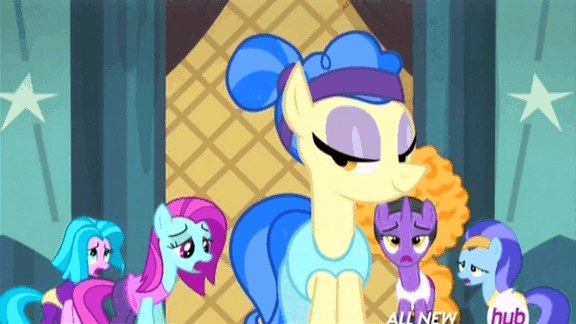 Size: 576x324 | Tagged: safe, screencap, character:blue cutie, character:foxxy trot, character:sapphire shores, episode:for whom the sweetie belle toils, animated, hub logo, hubble, panting, the hub, tired