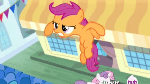 Size: 576x324 | Tagged: safe, screencap, character:scootaloo, character:sweetie belle, species:pegasus, species:pony, episode:for whom the sweetie belle toils, animated, falling, hub logo, hubble, scootaloo can't fly, the hub