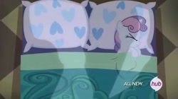 Size: 1018x571 | Tagged: safe, screencap, character:sweetie belle, episode:for whom the sweetie belle toils, bed, hub logo, solo