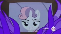 Size: 1016x574 | Tagged: safe, screencap, character:sweetie belle, episode:for whom the sweetie belle toils, hub logo, revenge, solo