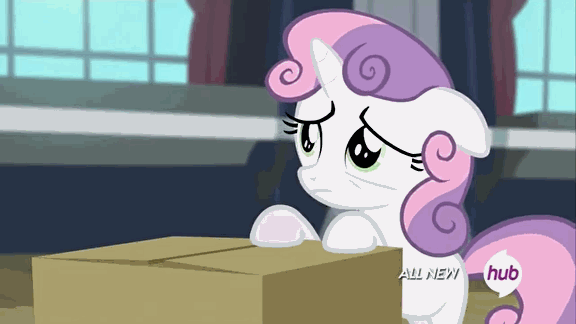 Size: 576x324 | Tagged: safe, screencap, character:sweetie belle, episode:for whom the sweetie belle toils, animated, box, eye shimmer, hub logo, hubble, solo, the hub