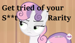 Size: 596x345 | Tagged: safe, screencap, character:rarity, character:sweetie belle, episode:for whom the sweetie belle toils, grammar error, hub logo, solo