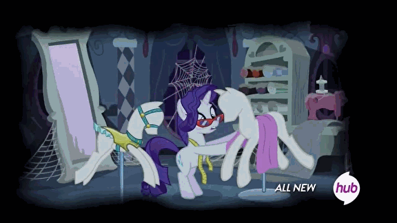 Size: 576x324 | Tagged: safe, screencap, character:rarity, episode:for whom the sweetie belle toils, animated, bad future, disturbed, glasses, hub logo, insanity, mannequin, marshmelodrama, mirror, nightmare, solo, spider web