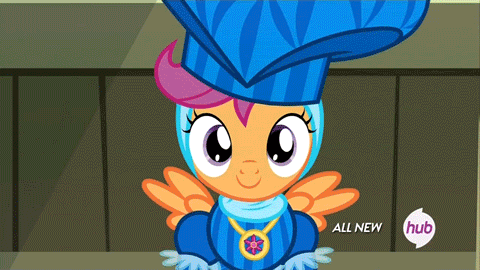 Size: 480x270 | Tagged: safe, screencap, character:scootaloo, species:pegasus, species:pony, episode:for whom the sweetie belle toils, animated, clothing, costume, hub logo, saintaloo, solo