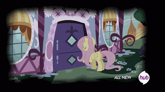 Size: 576x324 | Tagged: safe, screencap, character:fluttershy, character:rarity, episode:for whom the sweetie belle toils, animated, bad future, door, hub logo, hubble, insanity, marshmelodrama, mental breakdown, nightmare, rarisnap, scared, the hub
