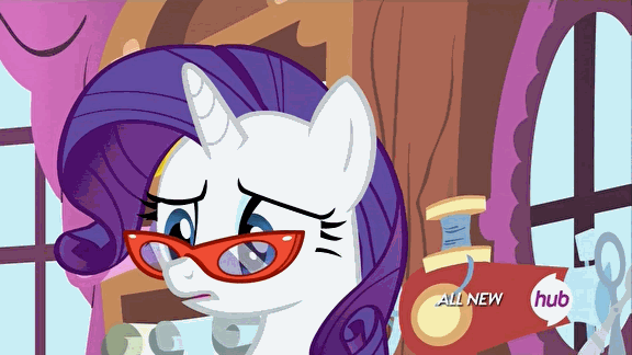 Size: 576x324 | Tagged: safe, screencap, character:rarity, episode:for whom the sweetie belle toils, animated, blinking, glasses, hub logo, hubble, solo, the hub