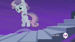 Size: 1920x1080 | Tagged: safe, screencap, character:sweetie belle, episode:for whom the sweetie belle toils, animation error, hub logo, solo, stairs