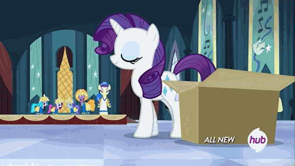 Size: 576x324 | Tagged: safe, screencap, character:blue cutie, character:foxxy trot, character:rarity, character:sapphire shores, character:sweetie belle, episode:for whom the sweetie belle toils, animated, box, hub logo, hubble, the hub