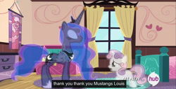 Size: 1366x696 | Tagged: safe, screencap, character:princess luna, character:sweetie belle, episode:for whom the sweetie belle toils, dream walker luna, hub logo, meme, mustang, youtube caption