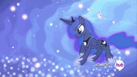 Size: 576x324 | Tagged: safe, screencap, character:princess luna, character:sweetie belle, species:alicorn, species:pony, species:unicorn, episode:for whom the sweetie belle toils, animated, dream realm, dream walker luna, duo, female, filly, hub logo, hubble, mare, running, the hub