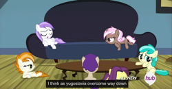 Size: 1600x830 | Tagged: safe, screencap, character:banana peel, character:mint flower, episode:for whom the sweetie belle toils, 5-year-old, brown sugar, burnout (character), couch, filly, meme, plum star, table, titania, youtube caption, yugoslavia