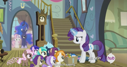 Size: 1439x760 | Tagged: safe, screencap, character:banana peel, character:lightning flare, character:mint flower, character:plumberry, character:princess luna, character:rarity, character:sweetie belle, episode:for whom the sweetie belle toils, 5-year-old, brown sugar, burnout (character), hub logo, meme, plum star, titania, youtube caption