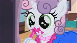 Size: 1366x768 | Tagged: safe, screencap, character:sweetie belle, species:pony, species:unicorn, episode:for whom the sweetie belle toils, 5-year-old sweetie belle, :o, clothing, cute, female, filly, hoof hold, jewelry, kissy face, lipstick, messy, mirror, necklace, open mouth, pearl necklace, solo, younger