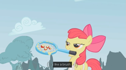 Size: 629x352 | Tagged: safe, screencap, character:apple bloom, episode:call of the cutie, g4, my little pony: friendship is magic, apron, clothing, meme, solo, tennis racket, youtube caption