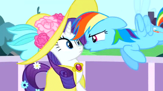 Size: 520x293 | Tagged: safe, screencap, character:rainbow dash, character:rarity, episode:sweet and elite, g4, my little pony: friendship is magic, animated, boop, clothing, dress, duo, hat, noseboop