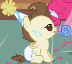 Size: 664x590 | Tagged: safe, screencap, character:pound cake, species:pony, episode:baby cakes, g4, my little pony: friendship is magic, baby, baby pony, clothing, colt, cute, diaper, diapered, diapered colt, hat, lidded eyes, male, noisemaker, one month old colt, open mouth, party hat, sitting, solo, white diaper