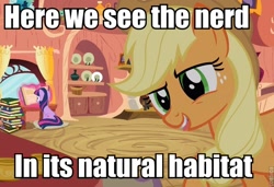 Size: 682x467 | Tagged: safe, screencap, character:applejack, character:twilight sparkle, book, get, image macro, index get, library, meme, nerd