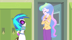 Size: 637x358 | Tagged: safe, screencap, character:dj pon-3, character:princess celestia, character:principal celestia, character:vinyl scratch, episode:music to my ears, equestria girls:rainbow rocks, g4, my little pony:equestria girls, celestia is not amused, cutie mark accessory, eyes closed, nervous grin, unamused