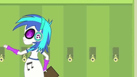 Size: 576x324 | Tagged: safe, screencap, character:dj pon-3, character:princess celestia, character:principal celestia, character:vinyl scratch, episode:music to my ears, equestria girls:rainbow rocks, g4, my little pony:equestria girls, animated, book, bump, celestia is not amused, clothing, cutie mark, cutie mark accessory, cutie mark on clothes, headphones, unamused