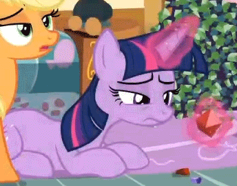 Size: 344x270 | Tagged: safe, screencap, character:applejack, character:twilight sparkle, species:pony, episode:maud pie, g4, my little pony: friendship is magic, animated, animation error, eating, frown, gif, prone, rock candy, somehow a unicorn again, wingless