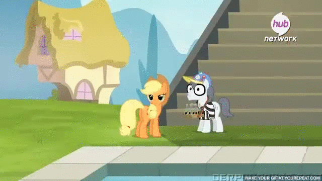 Size: 640x360 | Tagged: safe, screencap, character:applejack, character:silver shill, episode:leap of faith, g4, my little pony: friendship is magic, animated, camera, hub logo, hubble, solo, the hub, zoom