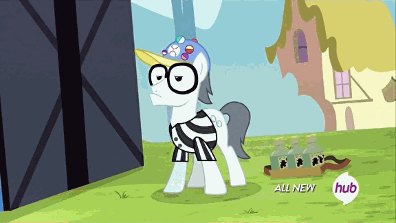Size: 576x324 | Tagged: safe, screencap, character:silver shill, species:earth pony, species:pony, episode:leap of faith, g4, my little pony: friendship is magic, animated, baseball cap, cap, clothing, flim flam miracle curative tonic, glasses, hat, hub logo, hubble, male, shirt, solo, stallion, striped shirt, the hub, tonic