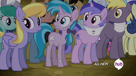 Size: 576x324 | Tagged: safe, screencap, character:air way, character:bon bon, character:caramel, character:cloud kicker, character:flim, character:geri, character:minuette, character:pearly whites, character:sea swirl, character:sweetie drops, episode:leap of faith, g4, my little pony: friendship is magic, animated, bandage, braces, collar, hub logo, hubble, injured, neck brace, the hub