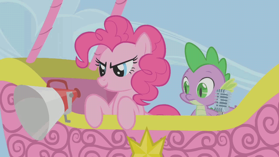 Size: 896x504 | Tagged: safe, screencap, character:pinkie pie, character:spike, episode:fall weather friends, g4, my little pony: friendship is magic, animated, announcer, cloud, cloudy, commentator, frown, hot air balloon, looking sideways, megaphone, microphone, play-by-play, sheepish, silent disapproval, too precise, wow pinkie