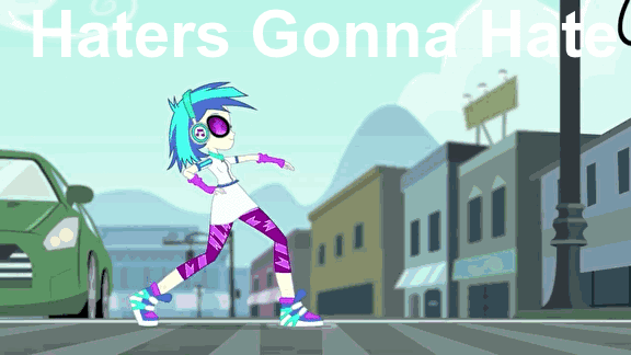 Size: 576x324 | Tagged: safe, screencap, character:dj pon-3, character:vinyl scratch, episode:music to my ears, equestria girls:rainbow rocks, g4, my little pony:equestria girls, animated, canterlot city, clothing, haters gonna hate, leggings, solo