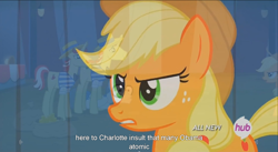 Size: 1394x762 | Tagged: safe, screencap, character:applejack, character:flam, character:flim, character:silver shill, episode:leap of faith, g4, my little pony: friendship is magic, flim flam brothers, hub logo, meme, youtube caption