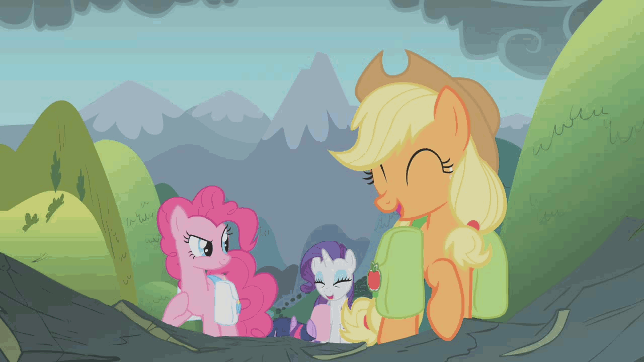 Size: 1280x720 | Tagged: safe, screencap, character:applejack, character:pinkie pie, character:rainbow dash, character:rarity, character:twilight sparkle, episode:dragonshy, g4, my little pony: friendship is magic, animated, laughing, mountain, mountain range, saddle bag, scenery, scolding, smoke