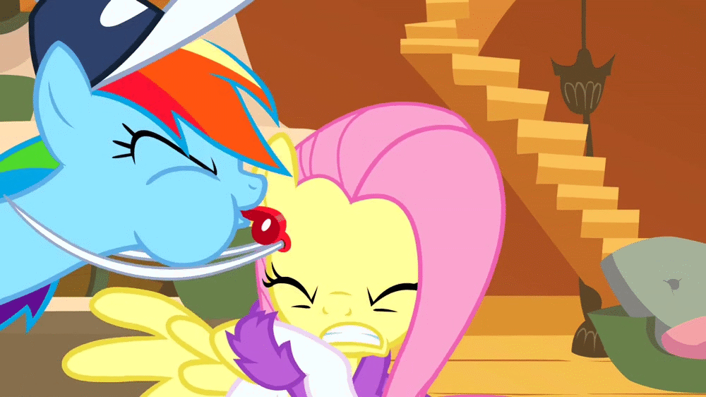 Size: 1000x562 | Tagged: safe, screencap, character:fluttershy, character:rainbow dash, episode:hurricane fluttershy, g4, my little pony: friendship is magic, animated, blowing, broken wing, clothing, coach, hat, puffy cheeks, whistle, whistle necklace