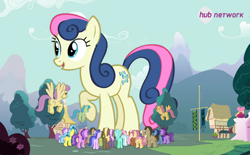 Size: 542x337 | Tagged: safe, screencap, character:amethyst star, character:blue diamond, character:bon bon, character:dizzy twister, character:doctor whooves, character:lemon hearts, character:lyra heartstrings, character:oakey doke, character:orange swirl, character:parasol, character:sea swirl, character:sparkler, character:sweetie drops, character:time turner, species:earth pony, species:pegasus, species:pony, species:unicorn, april fools, attack on bon bon, attack on pony, big bon, bottlecap (character), eiffel, flounder (character), fuchsia fizz, giant bon bon (sweetie drops), giant pony, giant/macro earth pony, giantess, hub network, lavenderhoof, macro, my biggest pony, sandstorm (character), the hub, welch
